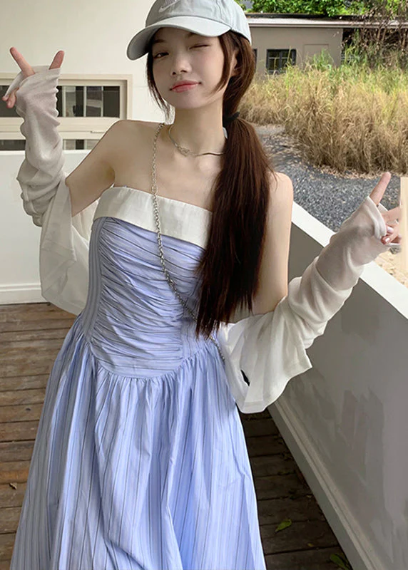 Modern Blue Slash Neck Striped Patchwork Maxi Spaghetti Strap Dresses Sleeveless - Image 4