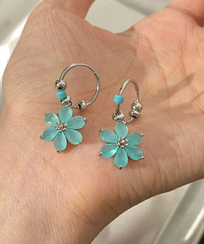 Modern Blue Stainless Steel Floral Hoop Earrings - Image 3