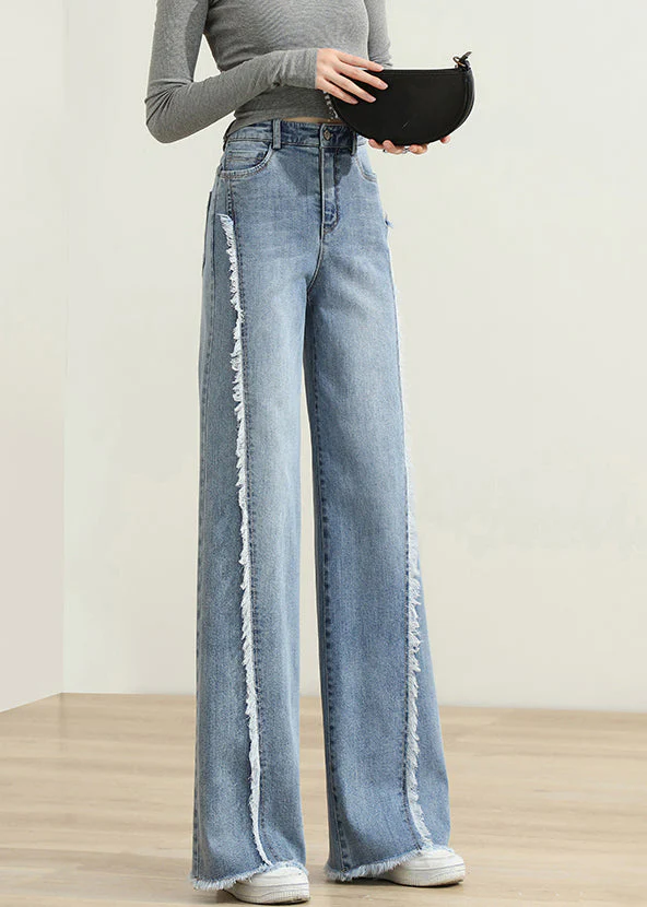 Modern Blue Tasseled Pockets Patchwork Denim Pants Spring - Image 5