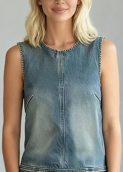 Modern Blue Tie Waist Denim Day Mini Dress Sleeveless - Image 2