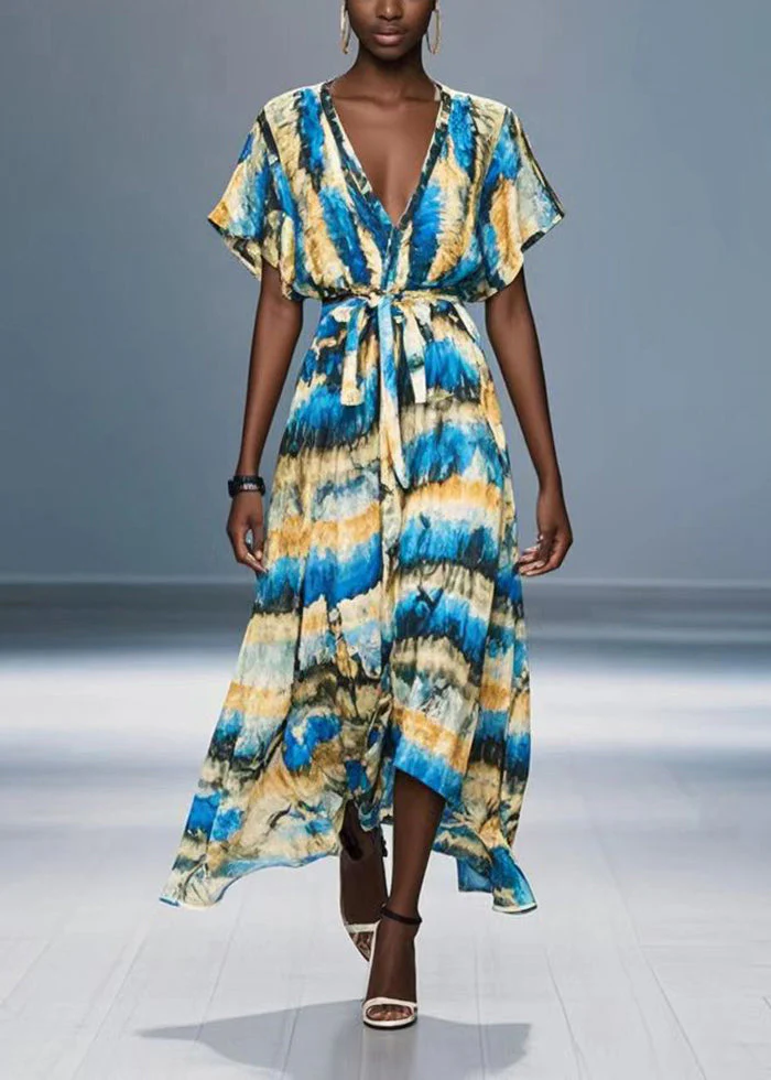 Modern Blue Tie Waist Print Chiffon Dress Summer - Image 3