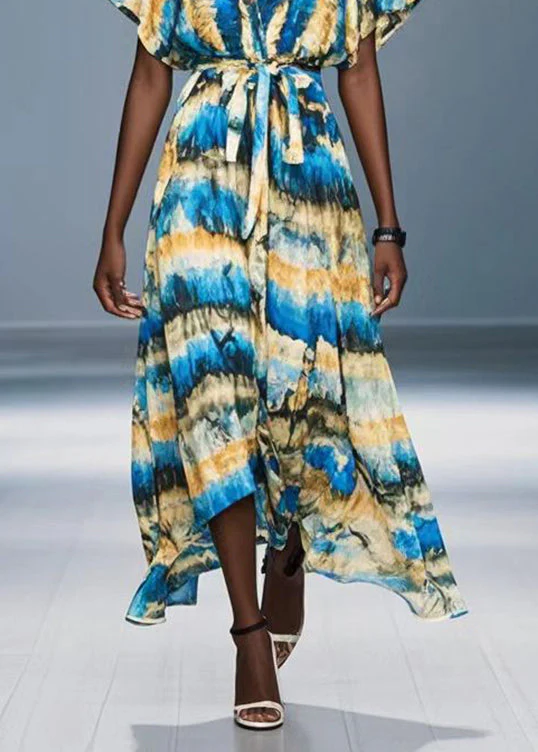 Modern Blue Tie Waist Print Chiffon Dress Summer - Image 4