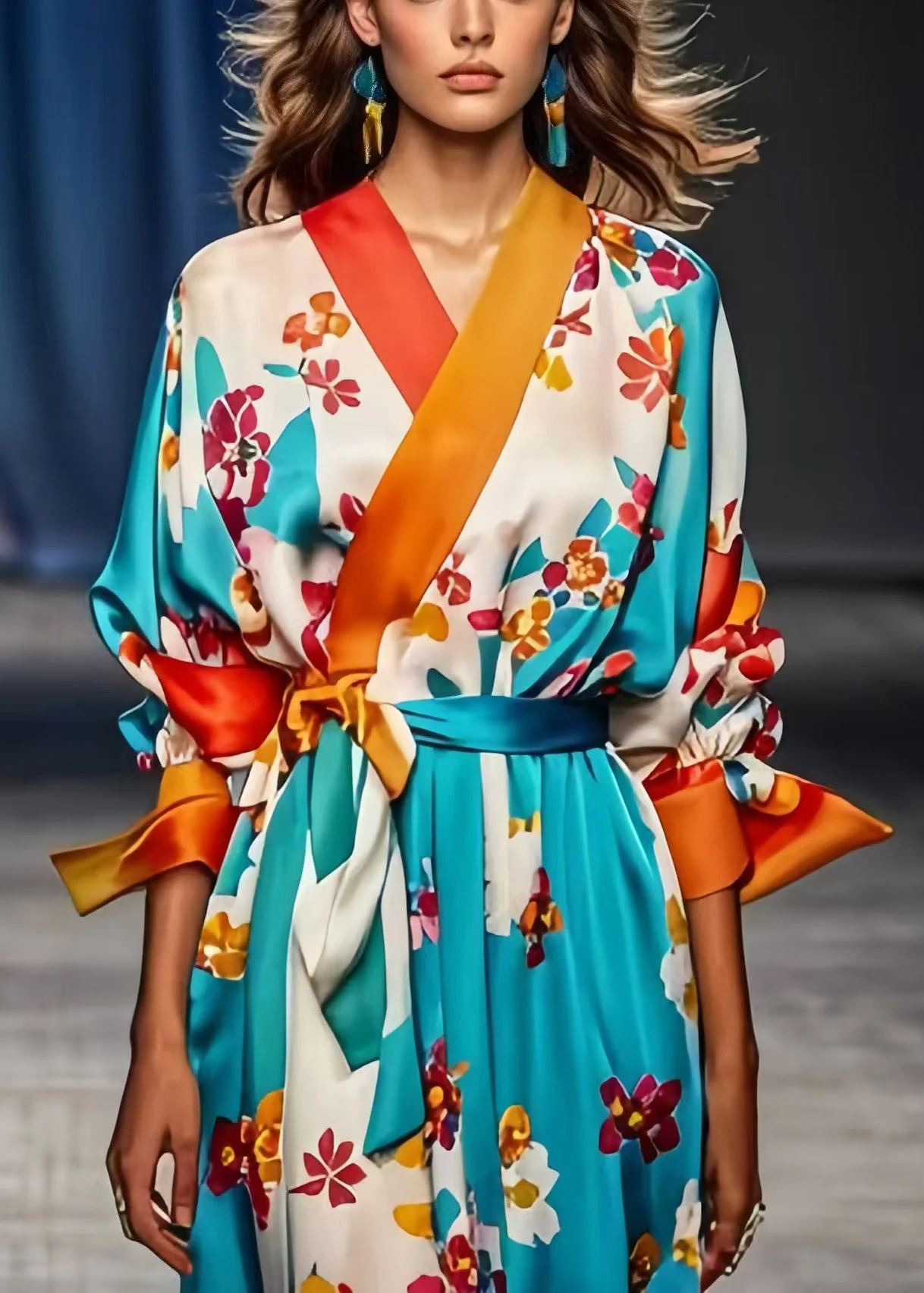 Modern Blue Tie Waist Print Silk Holiday Dress Spring - Image 2