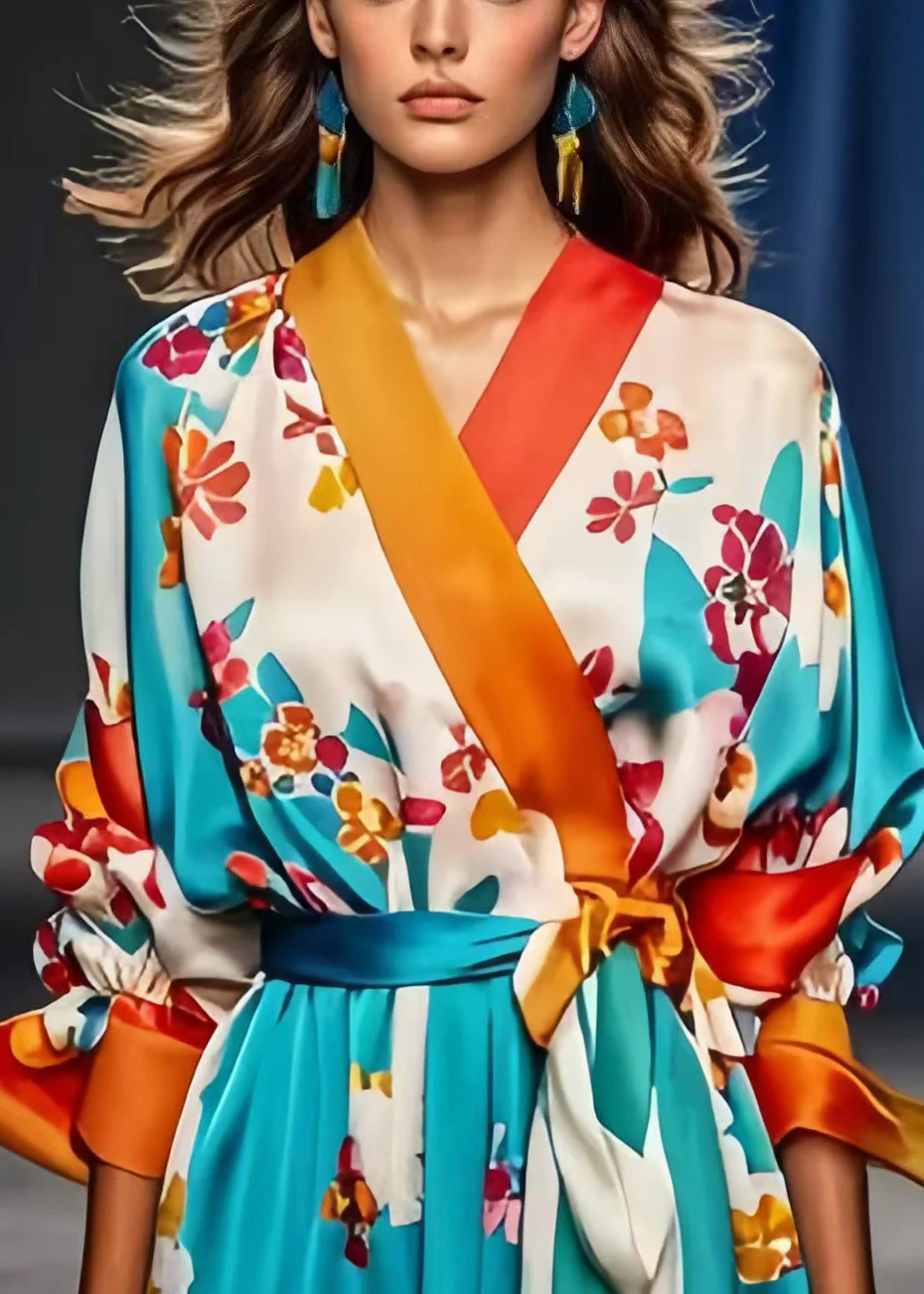 Modern Blue Tie Waist Print Silk Holiday Dress Spring - Image 3
