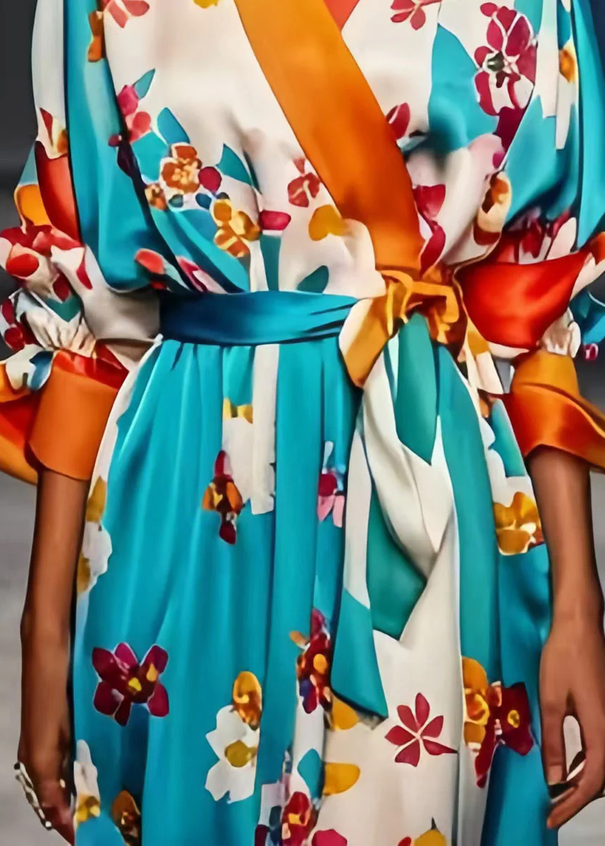 Modern Blue Tie Waist Print Silk Holiday Dress Spring - Image 4