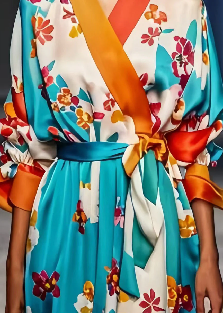 Modern Blue Tie Waist Print Silk Holiday Dress Spring - Image 5