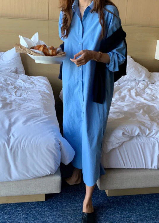 Modern Blue tie waist side open Cotton Dress Spring - Image 2