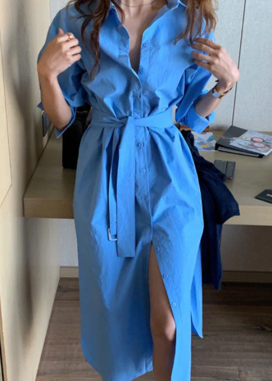 Modern Blue tie waist side open Cotton Dress Spring - Image 3