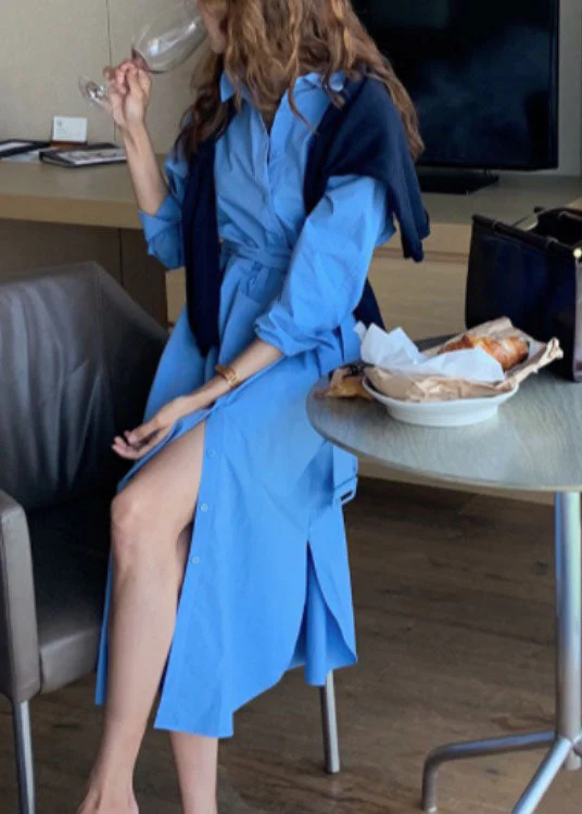 Modern Blue tie waist side open Cotton Dress Spring - Image 4
