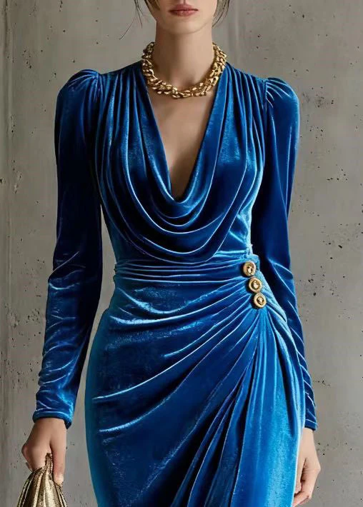 Modern Blue Turtle Neck Low High Design Silk Velvet Evening Dress Spring - Image 2