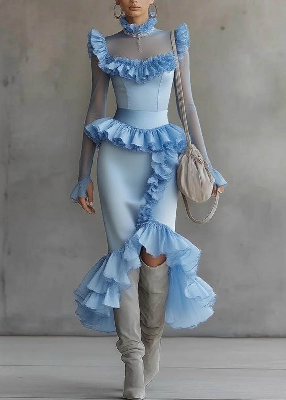 Modern Blue Turtleneck Ruffled Tulle Patchwork Long Dress Flare Sleeve - Image 5