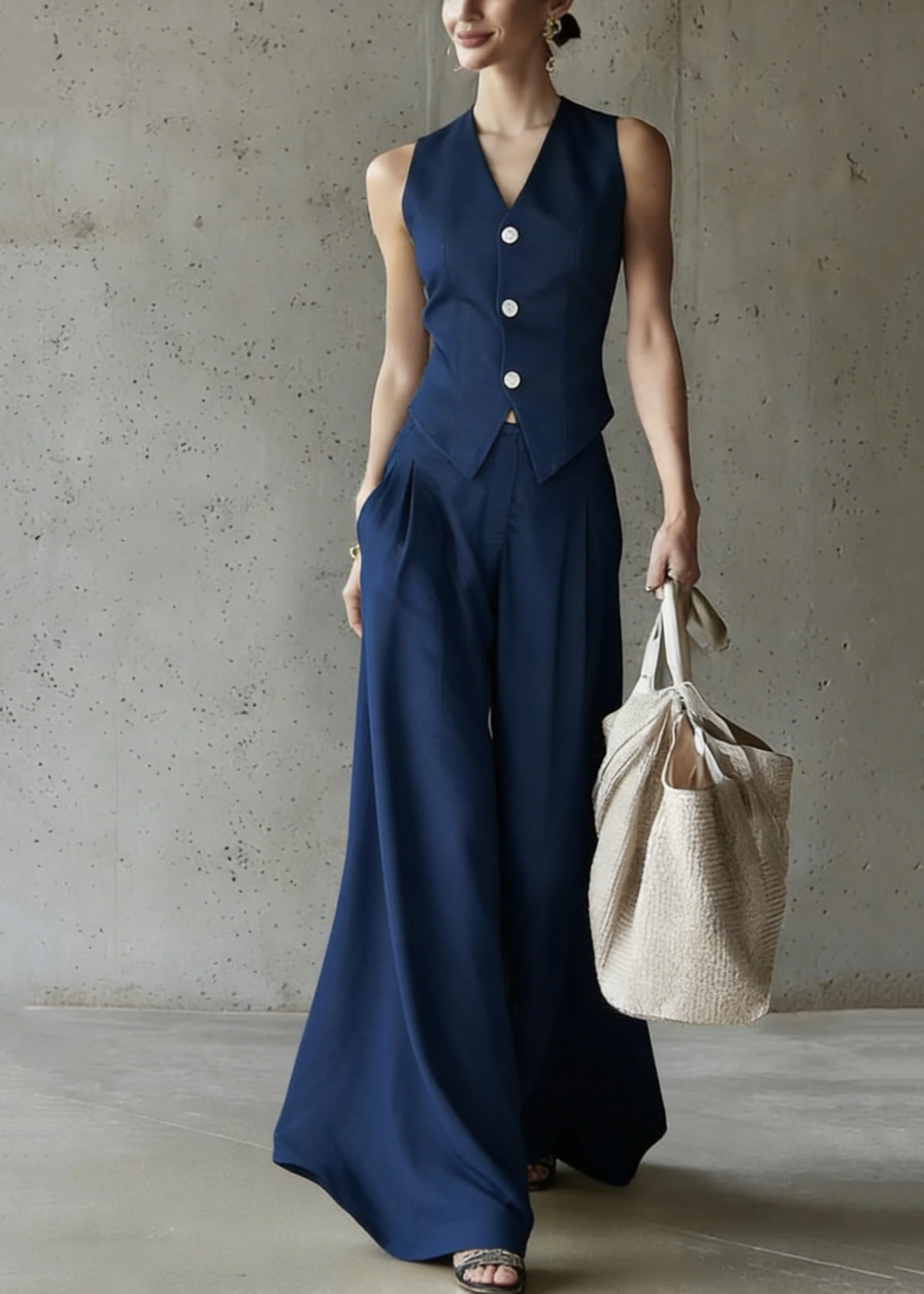 Modern Blue V Neck Button Waistcoat And Wide Leg Pants Two Pieces Set Sleeveless - Image 3