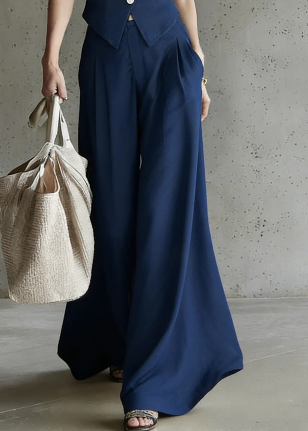 Modern Blue V Neck Button Waistcoat And Wide Leg Pants Two Pieces Set Sleeveless - Image 4