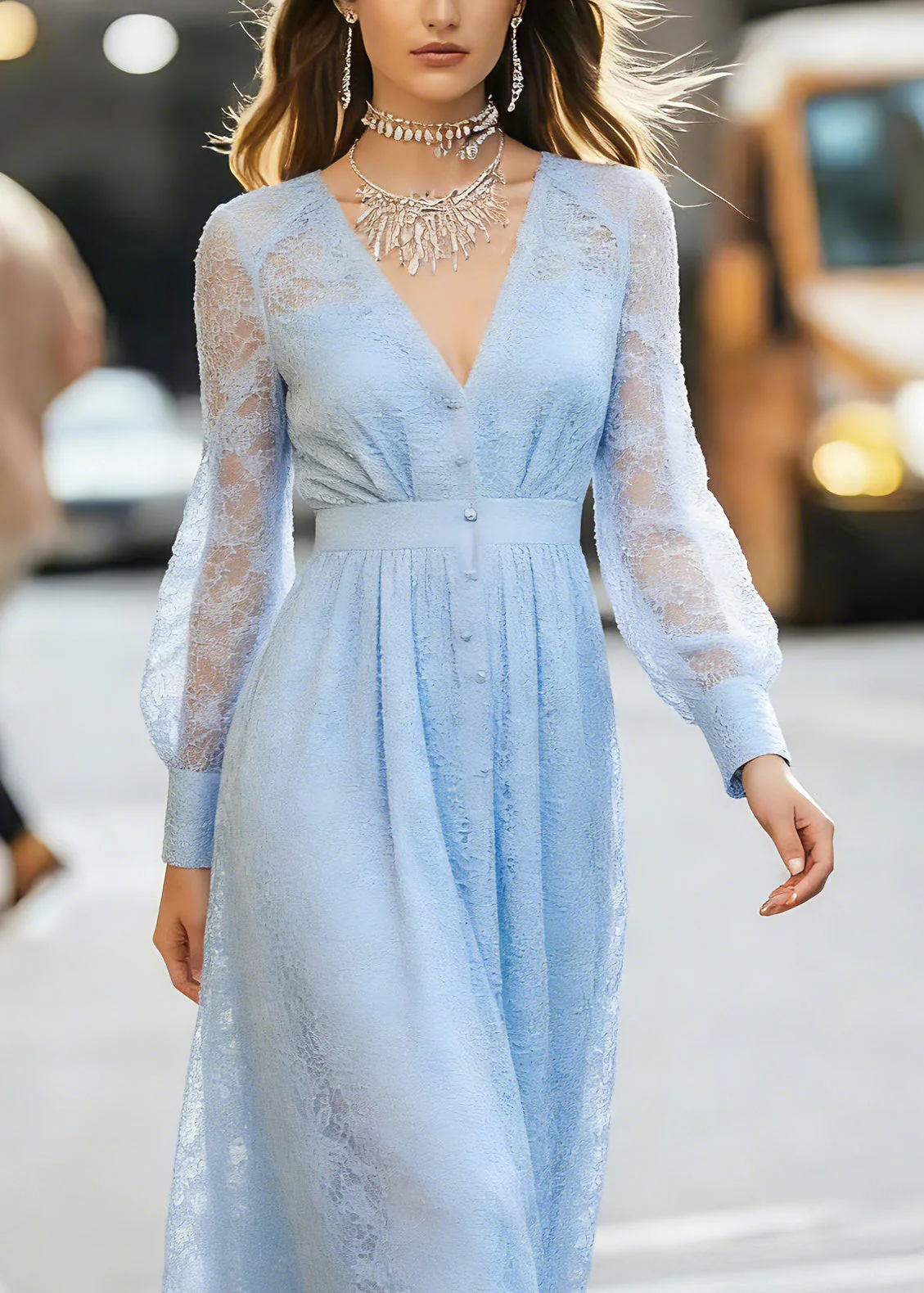 Modern Blue V Neck High Waist Lace Maxi Dress Lantern Sleeve - Image 2