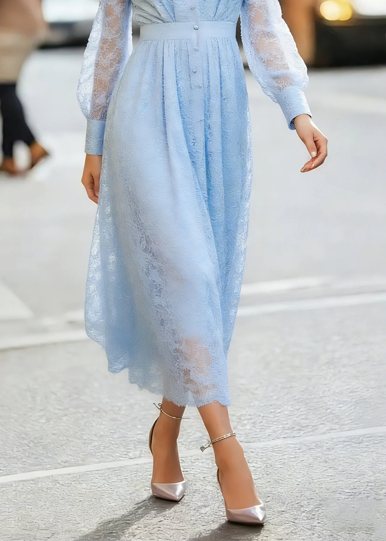 Modern Blue V Neck High Waist Lace Maxi Dress Lantern Sleeve - Image 4