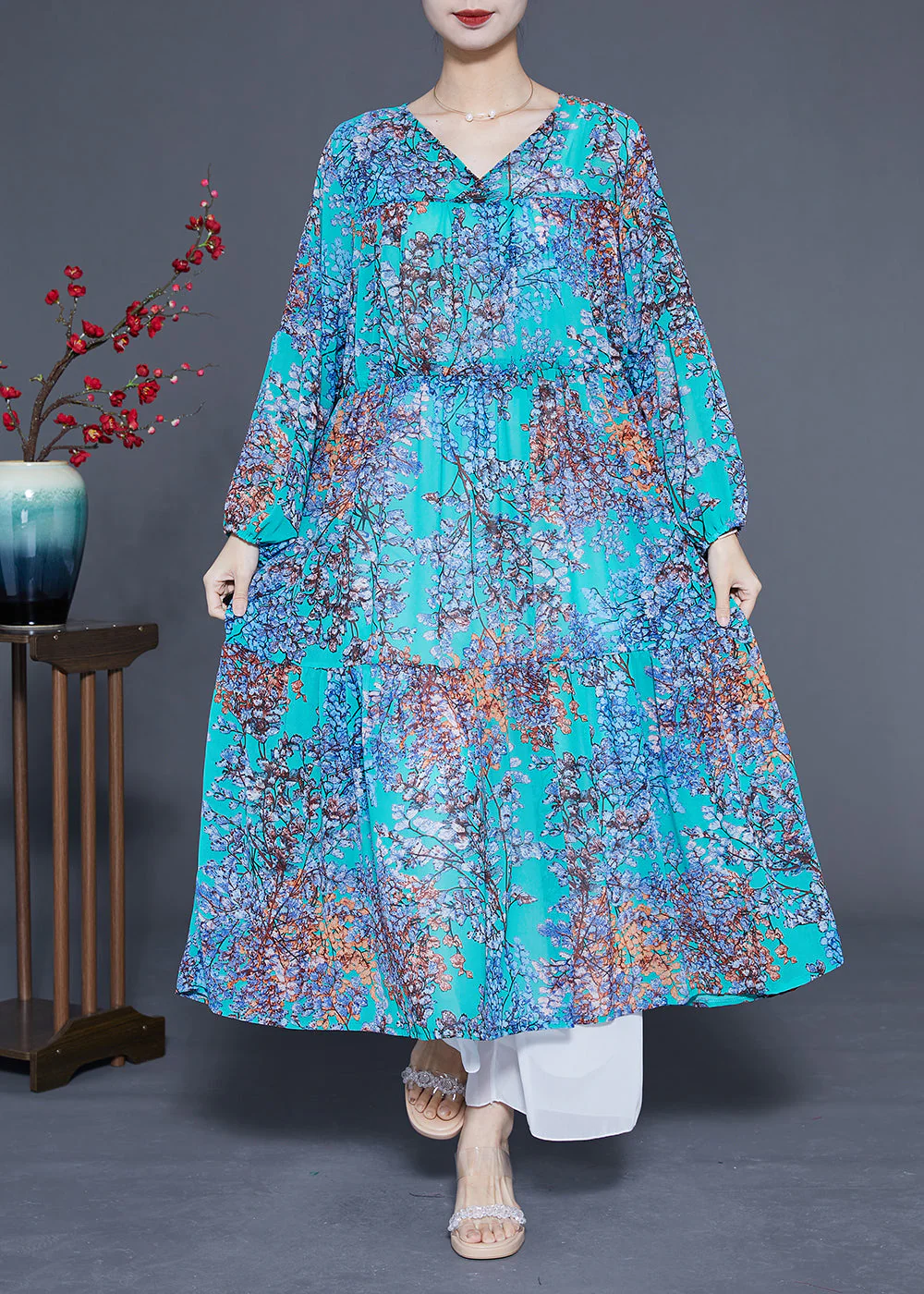 Modern Blue V Neck Patchwork Exra Large Hem Chiffon Long Dresses Spring - Image 2