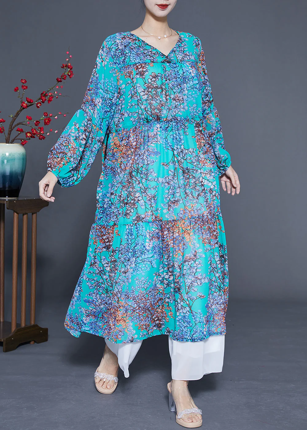 Modern Blue V Neck Patchwork Exra Large Hem Chiffon Long Dresses Spring - Image 3
