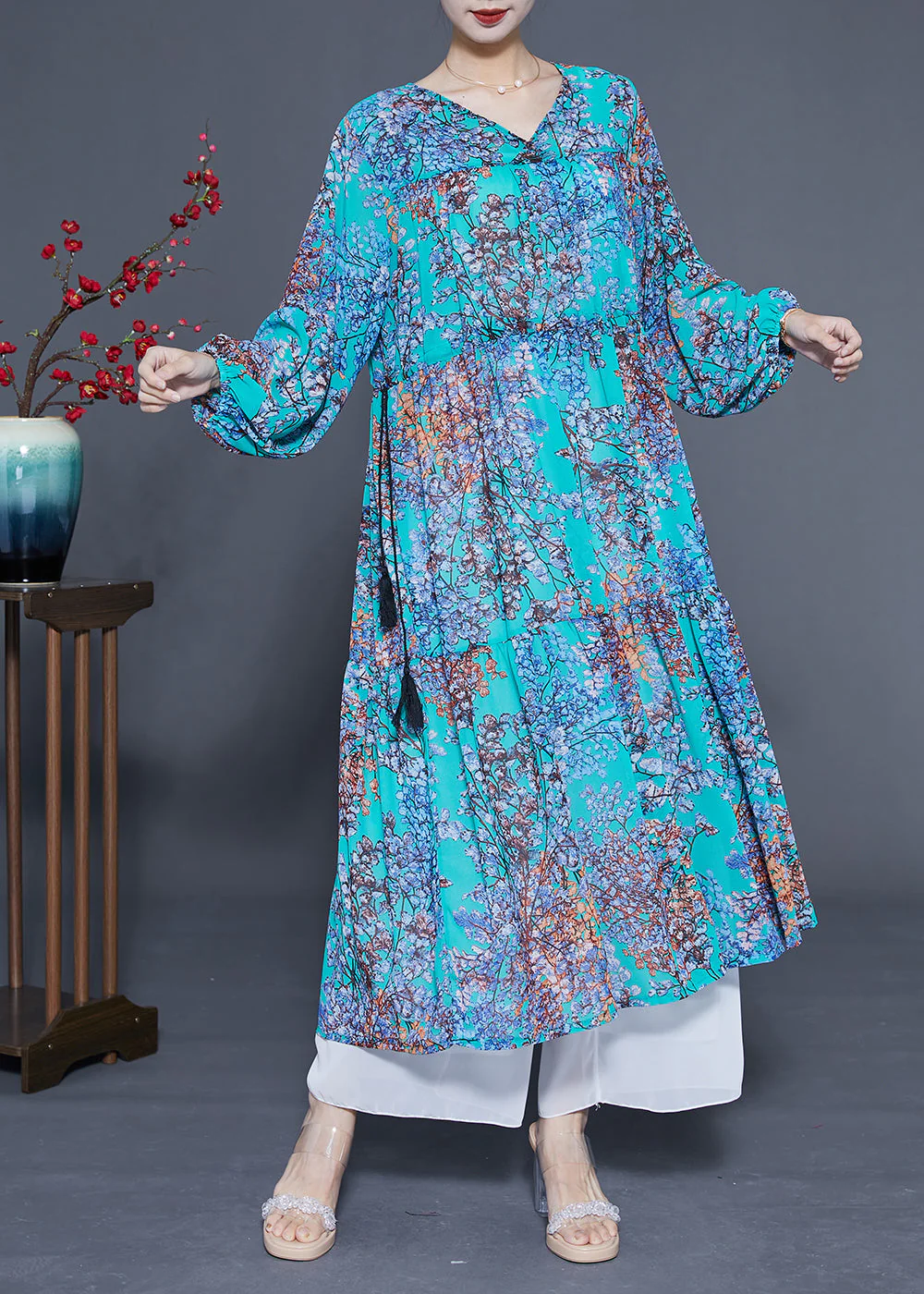 Modern Blue V Neck Patchwork Exra Large Hem Chiffon Long Dresses Spring - Image 4