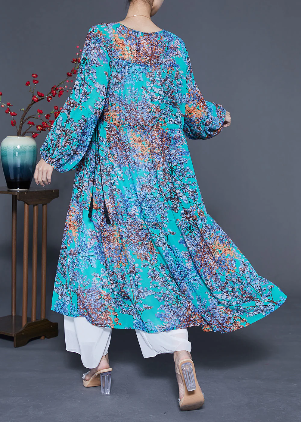 Modern Blue V Neck Patchwork Exra Large Hem Chiffon Long Dresses Spring - Image 5