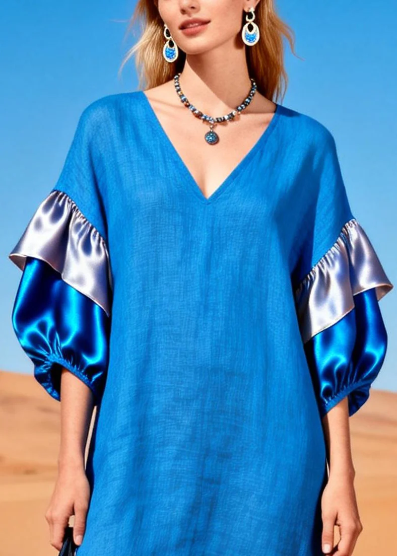 Modern Blue V Neck Patchwork Linen Straight Dress Lantern Sleeve - Image 2