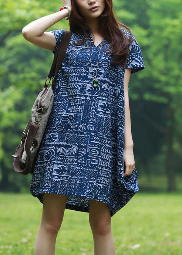 Modern Blue V Neck Print Patchwork Linen Mid Dresses Summer - Image 2