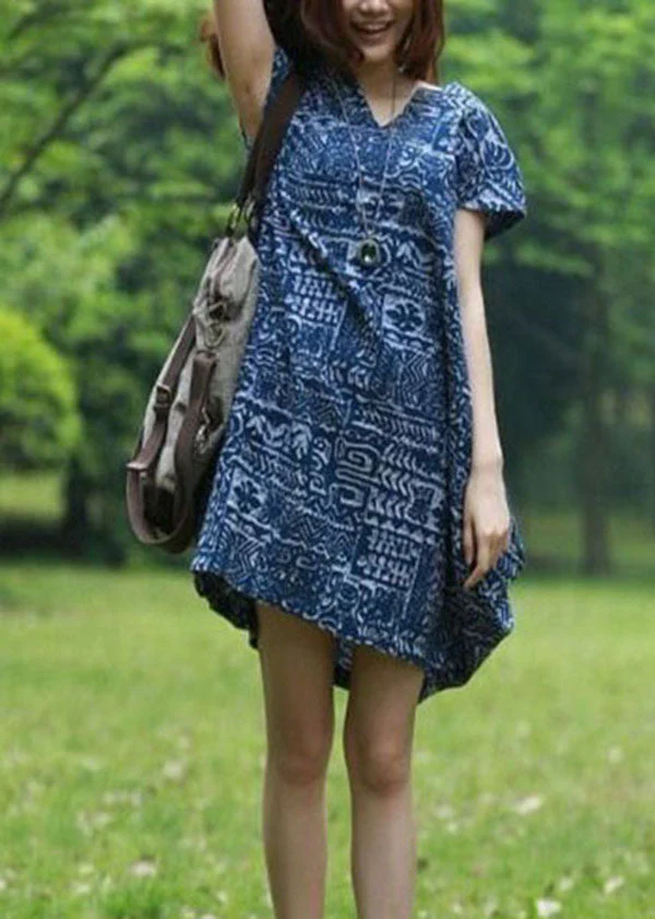 Modern Blue V Neck Print Patchwork Linen Mid Dresses Summer - Image 3
