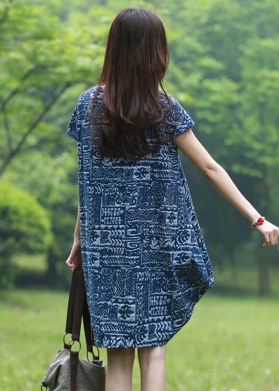 Modern Blue V Neck Print Patchwork Linen Mid Dresses Summer - Image 4