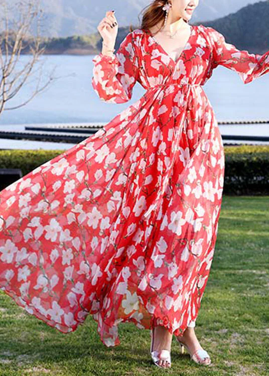 Modern Blue V Neck Print Tie Waist Chiffon Holiday Long Dress Long Sleeve - Image 2