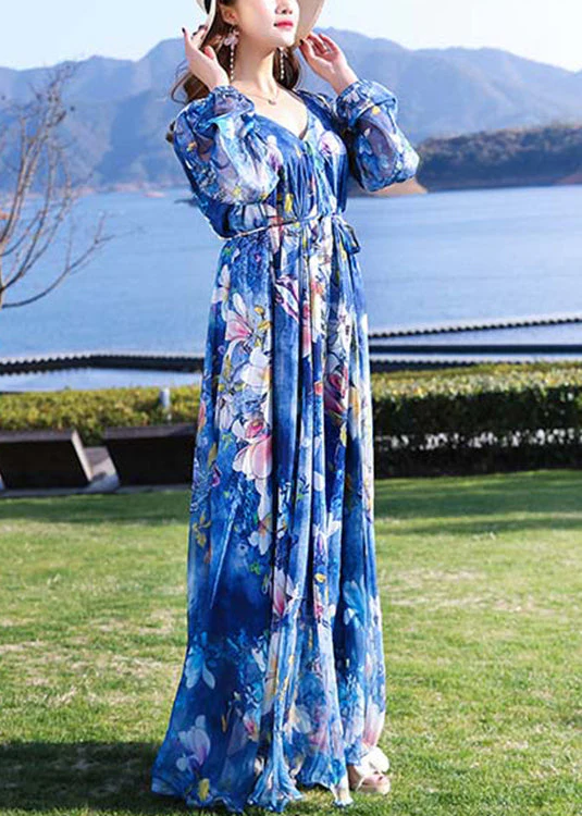 Modern Blue V Neck Print Tie Waist Chiffon Holiday Long Dress Long Sleeve - Image 3