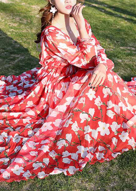 Modern Blue V Neck Print Tie Waist Chiffon Holiday Long Dress Long Sleeve - Image 4
