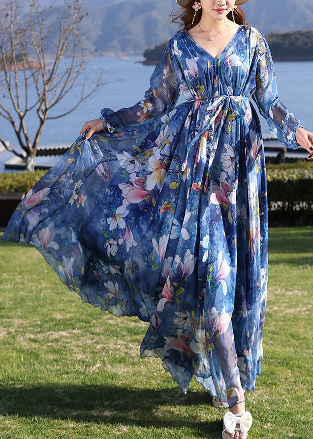 Modern Blue V Neck Print Tie Waist Chiffon Holiday Long Dress Long Sleeve - Image 5