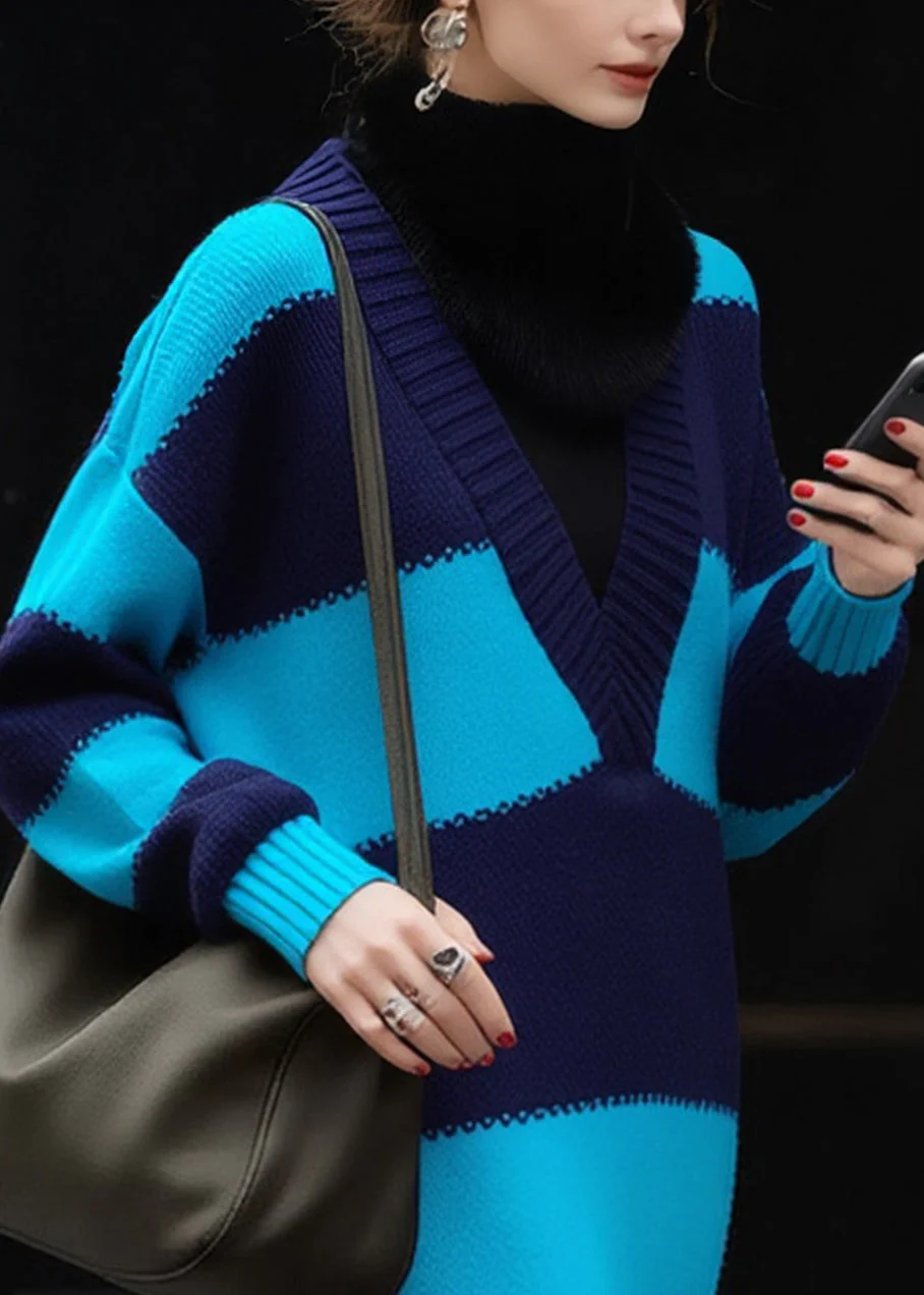 Modern Blue V Neck Striped Cozy Patchwork Knit Sweater Dress Spring - Image 3