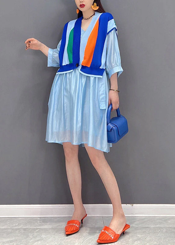 Modern Blue V Neck Striped Patchwork Button wrinkled Dresses Half Sleeve - Image 2