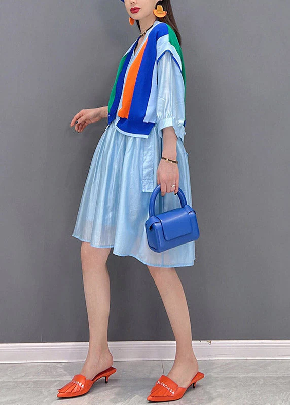 Modern Blue V Neck Striped Patchwork Button wrinkled Dresses Half Sleeve - Image 3