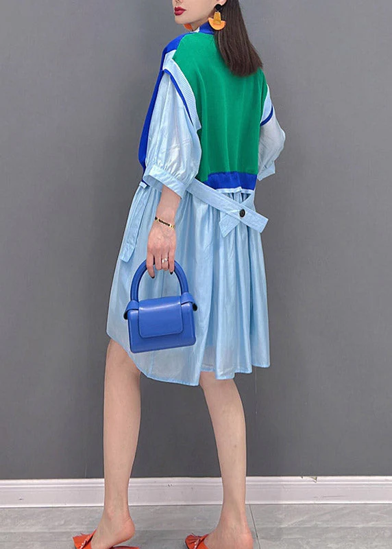 Modern Blue V Neck Striped Patchwork Button wrinkled Dresses Half Sleeve - Image 4