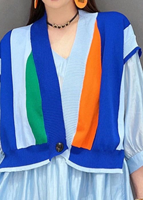 Modern Blue V Neck Striped Patchwork Button wrinkled Dresses Half Sleeve - Image 5