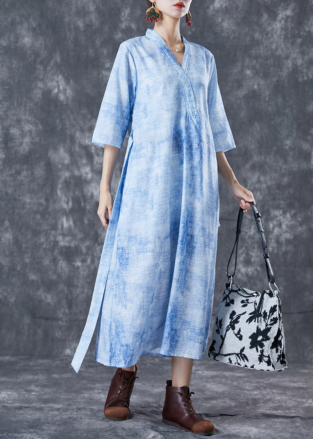 Modern Blue V Neck Tie Dye Linen Cinched Dress Half Sleeve - Image 2