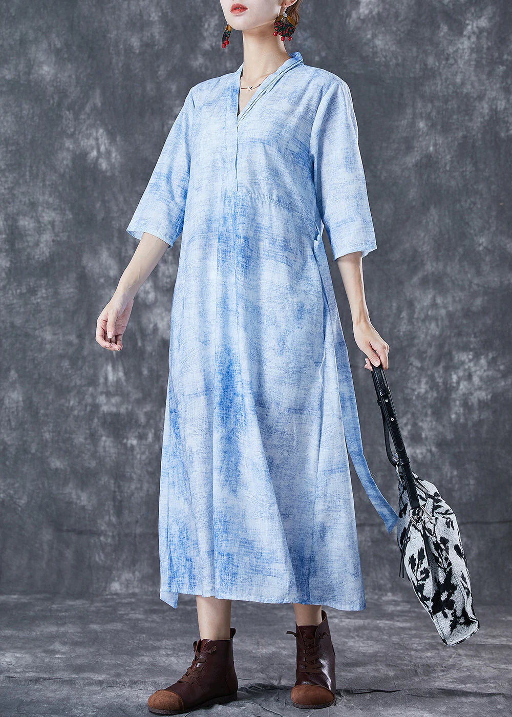Modern Blue V Neck Tie Dye Linen Cinched Dress Half Sleeve - Image 3