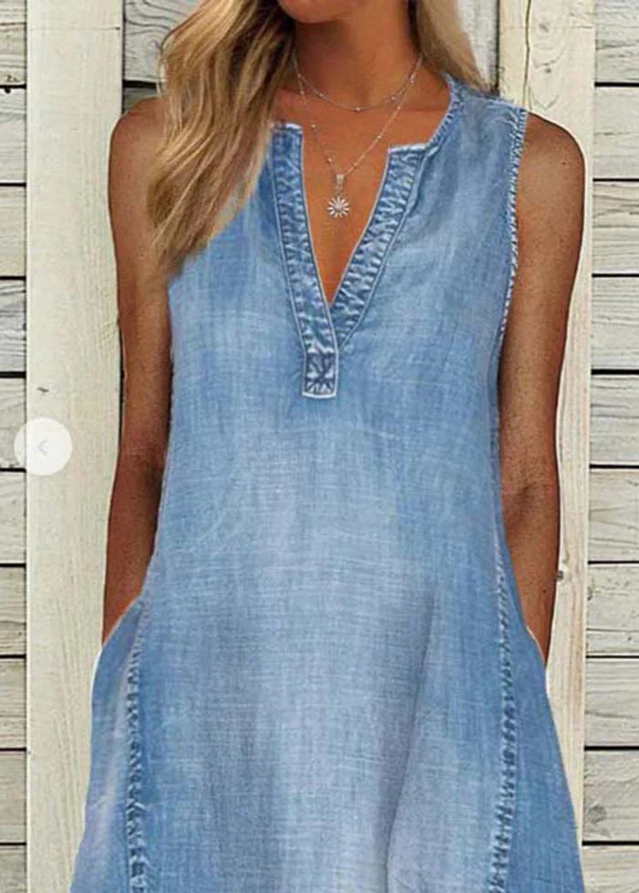 Modern Blue V Neck Washed Denim A Line Dress Sleeveless - Image 2