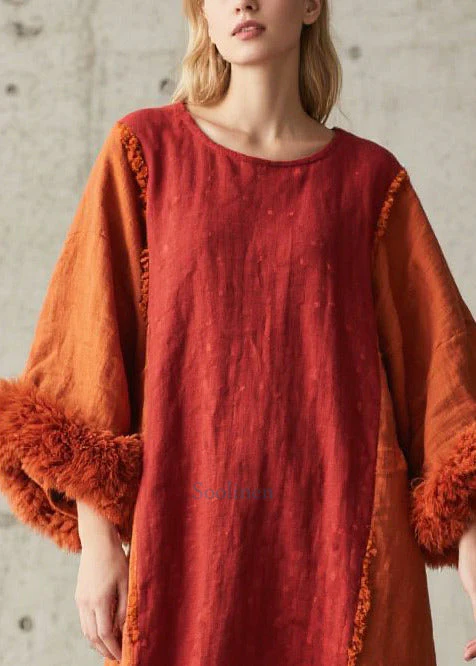 Modern Brick Red Oversized Patchwork Faux Fur Maxi Dress Fall - Image 2