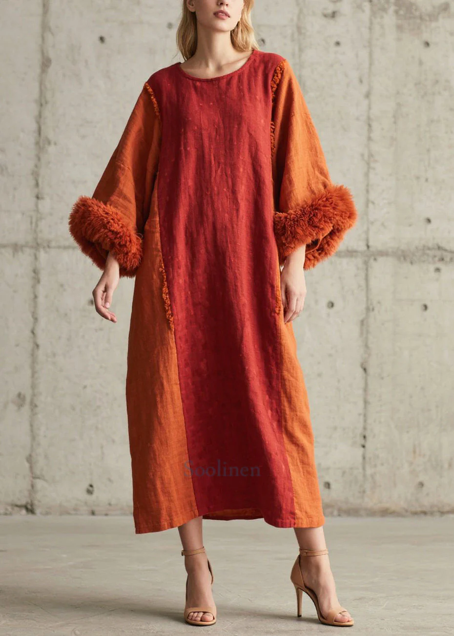 Modern Brick Red Oversized Patchwork Faux Fur Maxi Dress Fall - Image 3