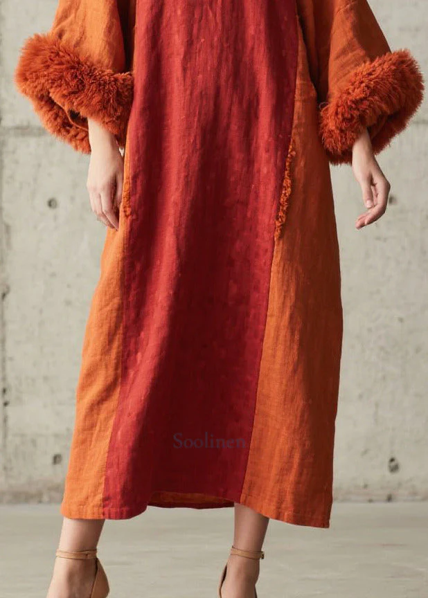 Modern Brick Red Oversized Patchwork Faux Fur Maxi Dress Fall - Image 4