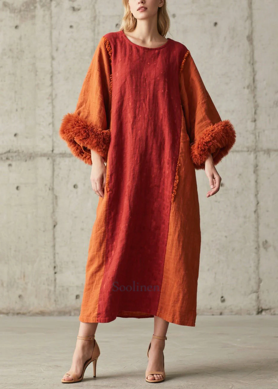 Modern Brick Red Oversized Patchwork Faux Fur Maxi Dress Fall - Image 5