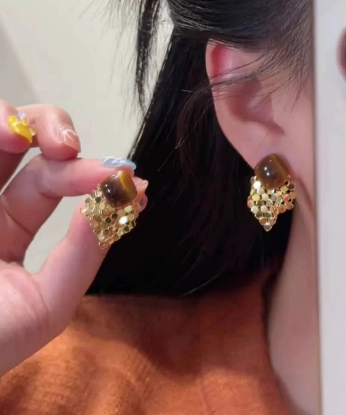 Modern Brown Copper Alloy Sequins TasselStud Earrings - Image 3