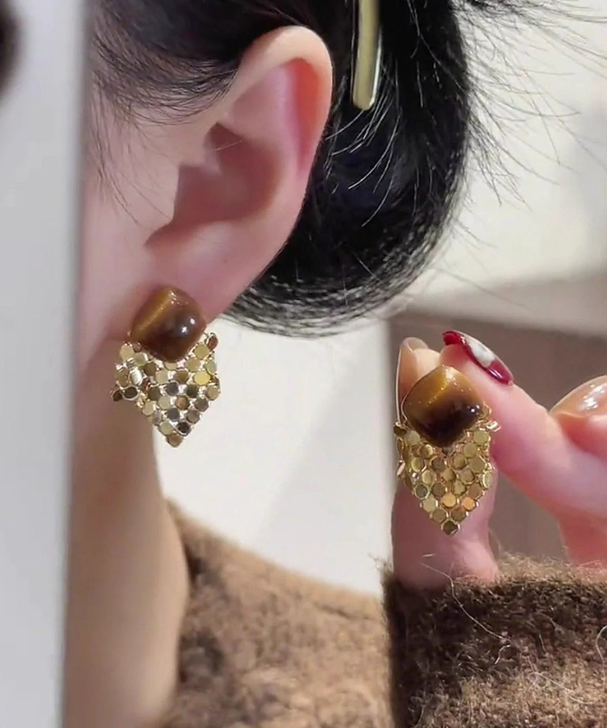 Modern Brown Copper Alloy Sequins TasselStud Earrings - Image 5