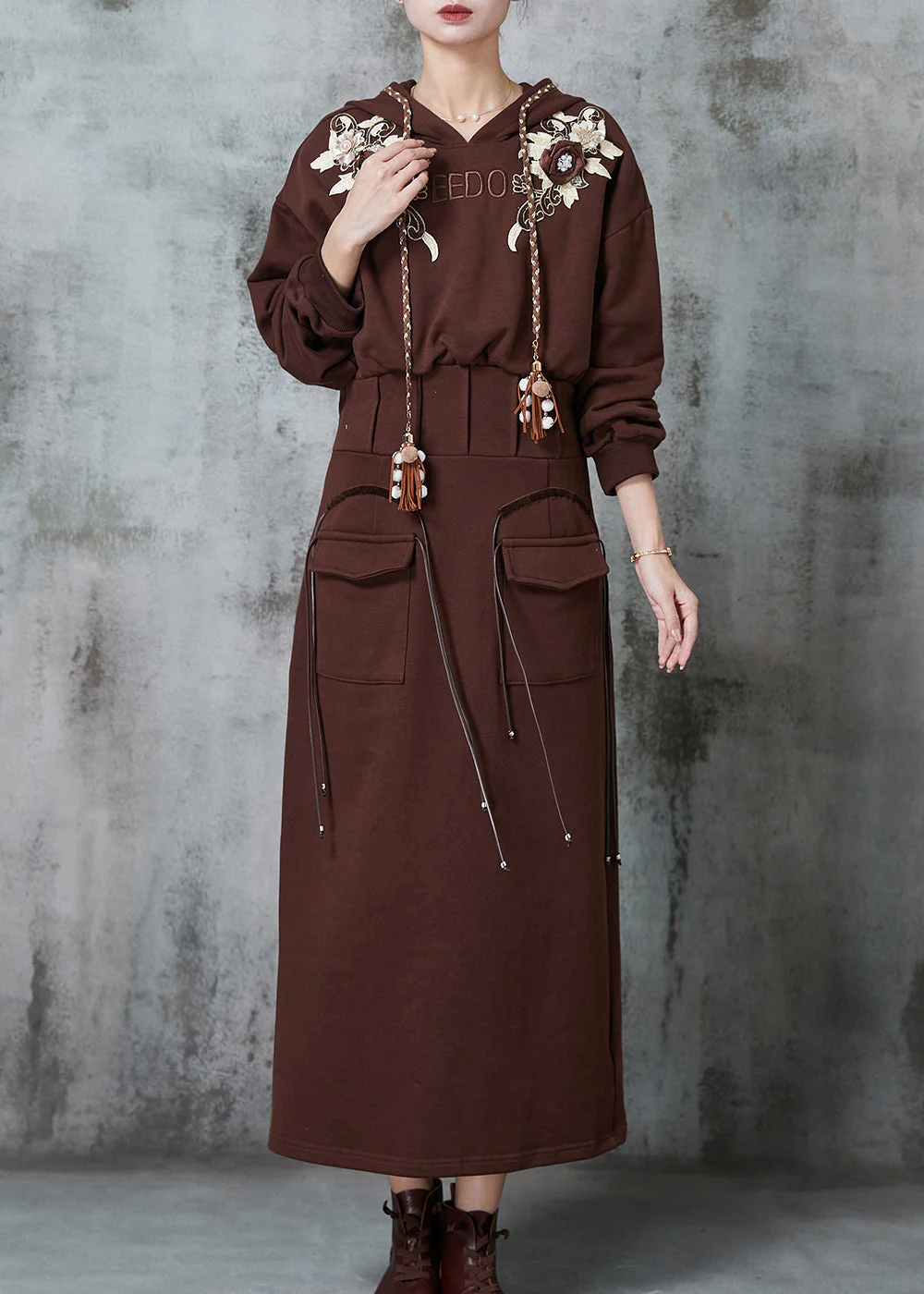 Modern Brown Embroidered Floral Cotton Sweatshirt Dress Spring - Image 2