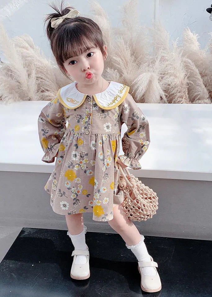 Modern Brown Embroideried Print Girls Vacation Long Dresses Long Sleeve - Image 2