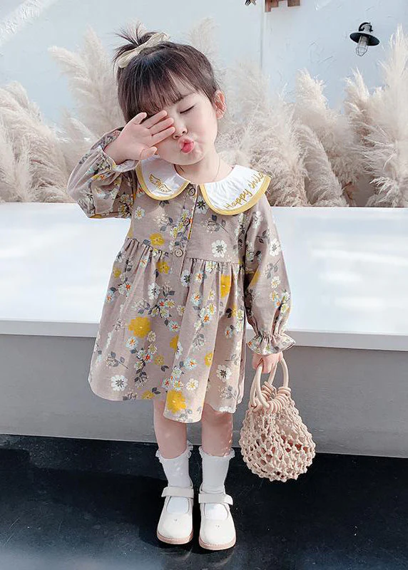 Modern Brown Embroideried Print Girls Vacation Long Dresses Long Sleeve - Image 3