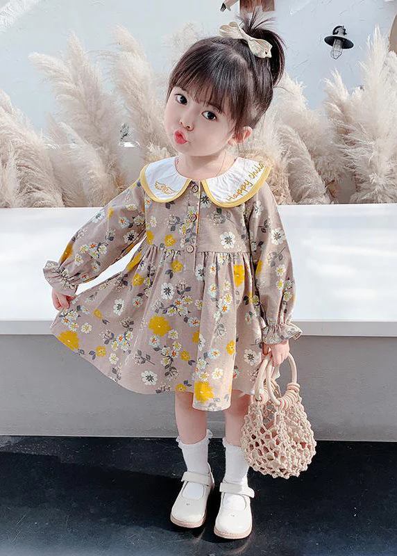 Modern Brown Embroideried Print Girls Vacation Long Dresses Long Sleeve - Image 4