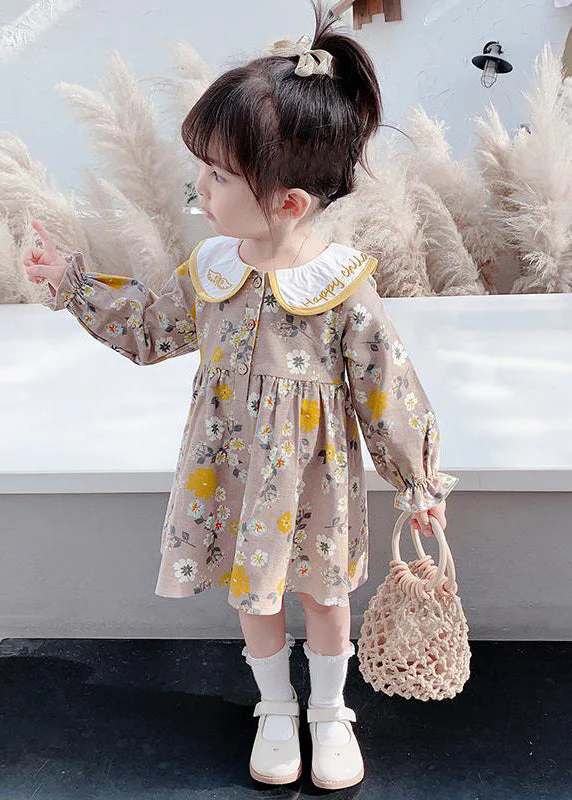 Modern Brown Embroideried Print Girls Vacation Long Dresses Long Sleeve - Image 5